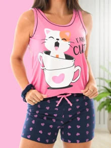 Pijama feminino Conjunto Short e Blusa Confortável Homewear Gatinha Baby Doll Verão Blogueira