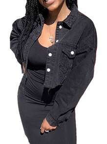 Women's Denim Short Coat Solid Color Long Sleeve Lapel Jacket Button Down Distressed Hem Crop Jeans Coat