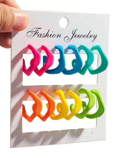 1 Set Of 6 Pairs Popular Fashion Colorful Matte Acrylic Asymmetrical Geometric C-Shaped Hoop Earrings Suitable For Women's Daily Wear