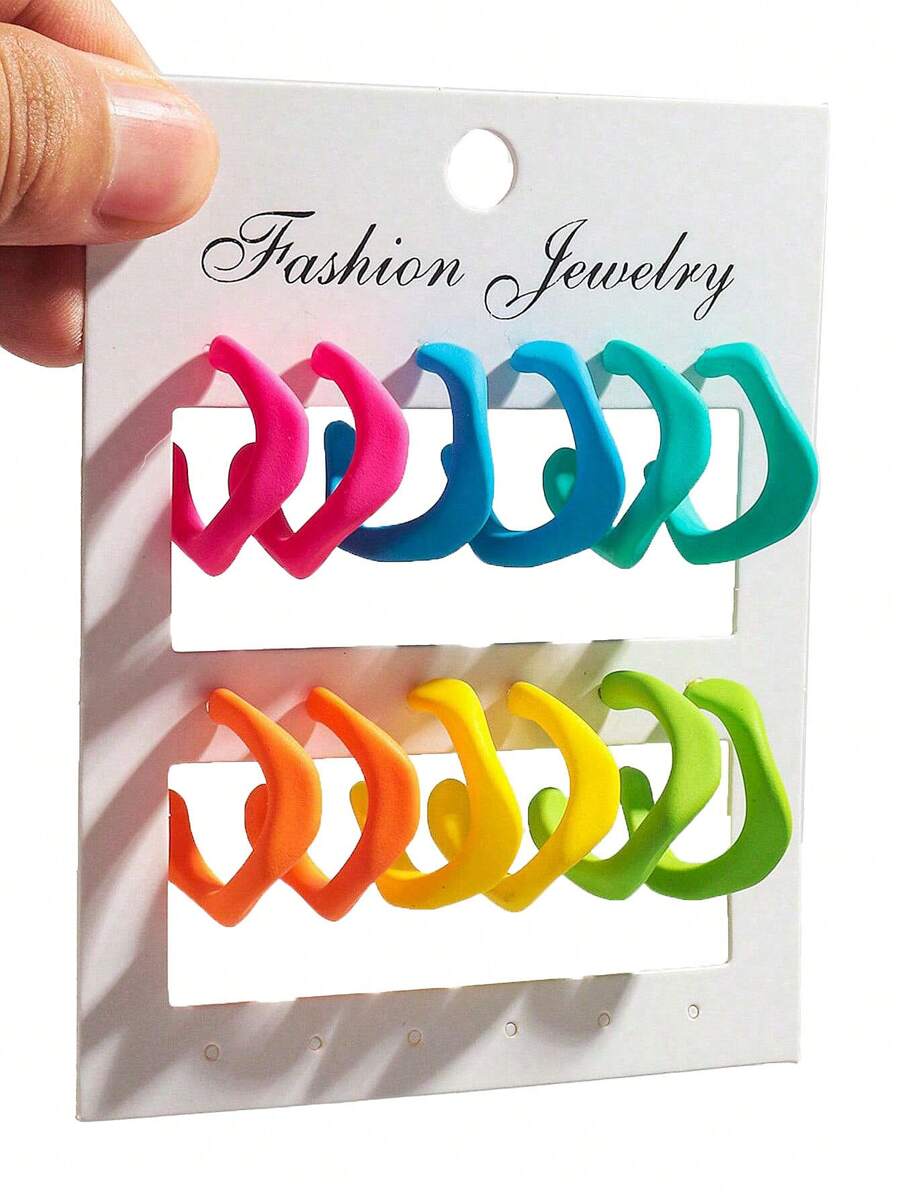 1 Set Of 6 Pairs Popular Fashion Colorful Matte Acrylic Asymmetrical Geometric C-Shaped Hoop Earrings Suitable For Women's Daily Wear - Colorful - View 1