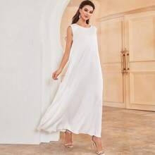 Solid Color Pearly Round Neck Sleeveless Casual Shift Dress - White - View 1
