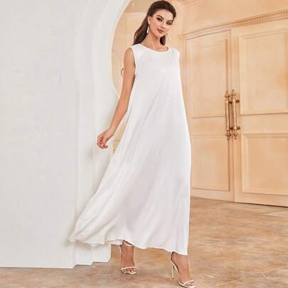 Solid Color Pearly Round Neck Sleeveless Casual Shift Dress Spring White