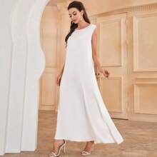 Solid Color Pearly Round Neck Sleeveless Casual Shift Dress - White - View 3