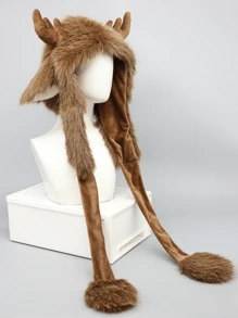 1pc Unisex Cartoon Textured Fleece Cute Christmas Reindeer Ear Muff Scarf With Hat, Thick Warm Soft Plush, Winter Accessory