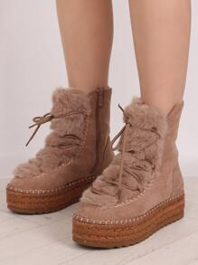 Botas de invierno hermosas Stellameli en negro, caqui y camello en PU con forro interno de piel sintética y piel sintética externa muy suave con cordones a juego con el tono del zapato. Ideales para las temporadas talla grande frías. - Caqui - Ver 1