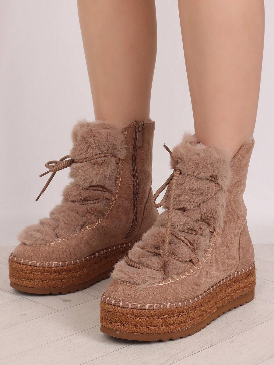 Botas de invierno hermosas Stellameli en negro, caqui y camello en PU con forro interno de piel sintética y piel sintética externa muy suave con cordones a juego con el tono del zapato. Ideales para las temporadas talla grande frías. - Caqui - Ver 1