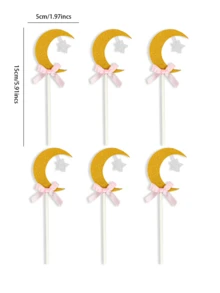 6 Stücke Mond Stern funkelnde Papier Cupcake Dekoration, goldener Mond und silberner Stern, rosa/blaue Schleife Kuchen Dekoration, geeignet für Geburtstags-Party, Geschlechter-Enthüllung, Hochzeit, Gabel Wild Horse Party Dekoration