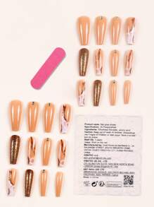 24 pièces Faux ongles ballerine longs brillants, ongles à pression de couleur nude avec imprimé marbre et strass, ongles autocollants paillettes dorées, faux ongles pleine couverture étincelants pour femmes
