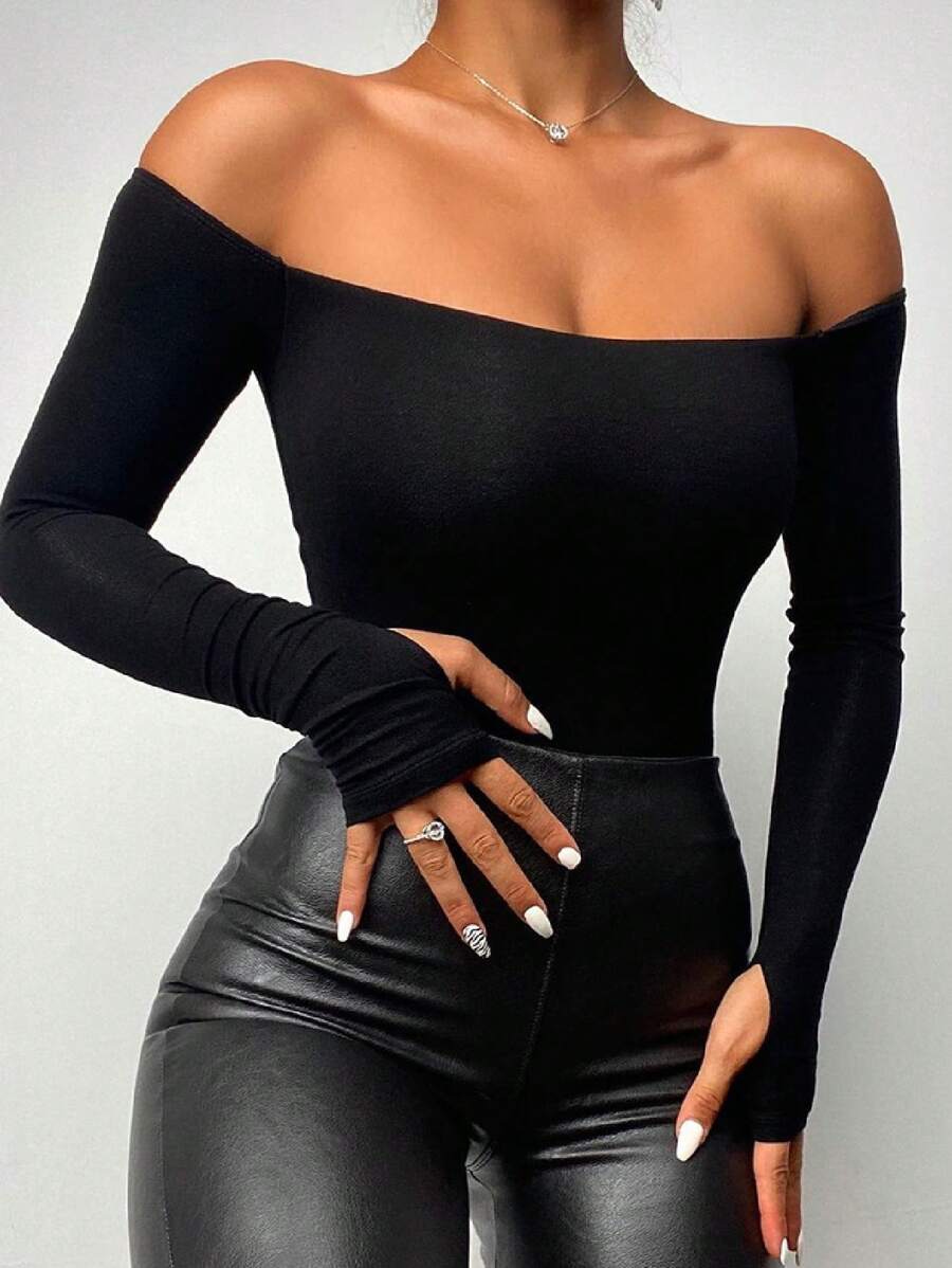 Off Shoulder Long Sleeve Skinny Casual Top
