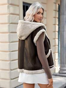 Women's Patchwork Sherpa Lined Hooded Vest Jacket - Brown - View 2