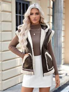 Women's Patchwork Sherpa Lined Hooded Vest Jacket - Brown - View 3
