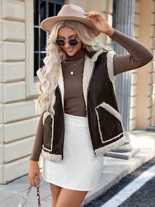 Women's Patchwork Sherpa Lined Hooded Vest Jacket - Brown - View 5
