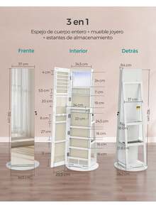 SONGMICS Espejo Joyero con 6 LEDs, Armario de Joyas de Giro de 360°, Organizador de Joyas Giratorio, sin Marco, Espejo Completo con Almacenaje, Superficie Blanco, Forro Greige, Regalo de Navidad - Blanco - Ver 7