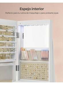 SONGMICS Espejo Joyero con 6 LEDs, Armario de Joyas de Giro de 360°, Organizador de Joyas Giratorio, sin Marco, Espejo Completo con Almacenaje, Superficie Blanco, Forro Greige, Regalo de Navidad - Blanco - Ver 3