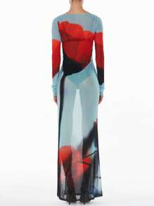 Womens Boydcon Long Dress Sheer Mesh Long Sleeve Boat Neck Floral Print Midi Dress Elegant Side Split Dress