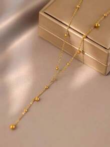 1 件不锈钢 18K 镀金长流苏串珠链项链，女士不锈钢圆珠流苏吊坠项链礼物 - 金色 - 查看 2