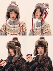 1 件冬季新款保暖内衬护耳帽，枫叶复古提花针织毛绒帽，户外骑行滑雪防风防寒毛绒帽