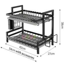 1 Piece Black Dish Drainer, Stainless Steel Dish Drainer For Kitchen Countertop, 2 Tier Kitchen Organizer, Storage Rack, Multifunctional Kitchen Dish Drainer With Four Hooks, Dish Drainer And Cutlery Rack, Water, Rust And Stain Resistant, Keep Kitchen Cutlery Tidy - 黑色 - 查看 2