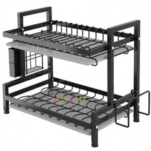 1 Piece Black Dish Drainer, Stainless Steel Dish Drainer For Kitchen Countertop, 2 Tier Kitchen Organizer, Storage Rack, Multifunctional Kitchen Dish Drainer With Four Hooks, Dish Drainer And Cutlery Rack, Water, Rust And Stain Resistant, Keep Kitchen Cutlery Tidy - 黑色 - 查看 10