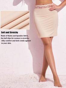 1pc Simple And Fashionable Women's Anti-Exposure And Anti-Transparent Lace Elastic Slit Lining Skirt