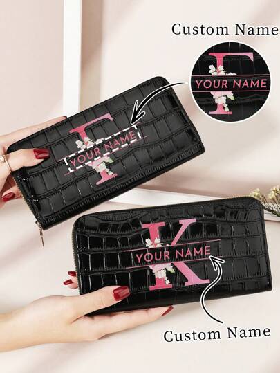 1 pieza Cartera larga personalizada con firma, cartera larga personalizada con diseño de firma, cartera larga personalizada con firma, cartera larga personalizada con firma, cartera larga versátil con cremallera para monedas, patrón de inicial de la A a la Z, soporte de tarjeta con gráfico de letra, organizador de tarjetas de múltiples tarjetas para guardar tarjetas de crédito, útiles escolares para la escuela, dormitorio, san valentín, monederos y bolsos de mujer