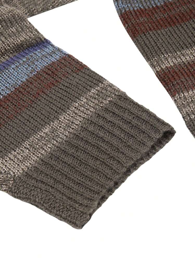 Suéter vintage de manga larga con cuello redondo y rayas para mujer, ideal para uso diario informal. - Gris - Añade 8