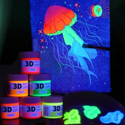 100ml/3.38oz 荧光丙烯酸涂料：仅在紫光灯和紫外线灯下发光，在霓虹灯和黑暗中发光，适用于木材、织物、手工艺品、帆布、皮革和石材艺术用品