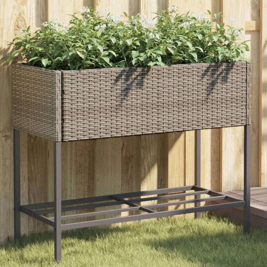 Stylish Grey Poly Rattan Garden Planter With Convenient Shelf For Outdoor And Indoor Use - Grey - View 1