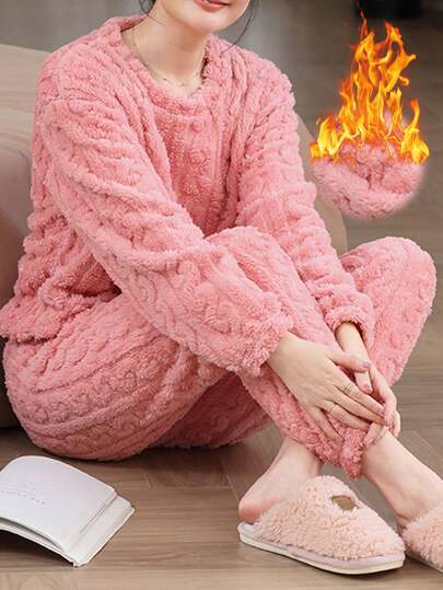 2pcs/Set Coral Fleece Top & Pants Fluffy Pajama Set, Warm & Cozy Winter Sleepwear, Plush Soft Loungewear, Two Pieces Set Outfits, Fall Winter Clothes
