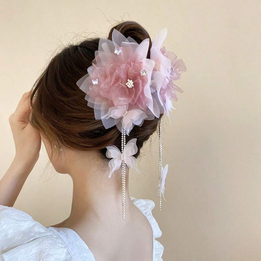 1个水钻花朵网纱蝴蝶流苏甜美时尚百搭发爪时尚发饰花朵爪夹优雅发夹，沙滩配饰秋冬度假装扮女士夏季度假发夹