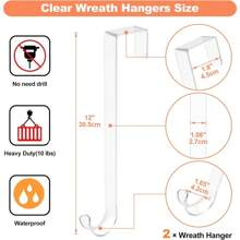 2 piezas de ganchos transparentes de 12"/15" para colgar coronas, colgadores de coronas sin rasguños para decoración de Pascua, letreros de bienvenida para interiores y exteriores