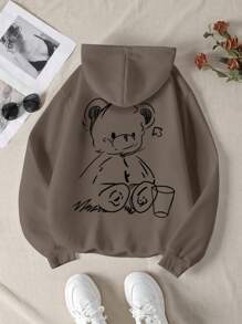 Sudadera con capucha para mujer, sudadera deportiva, manga larga, estampado de oso de dibujos animados, adecuada para otoño e invierno, sencilla y generosa, moda casual - Gris - Ver 1