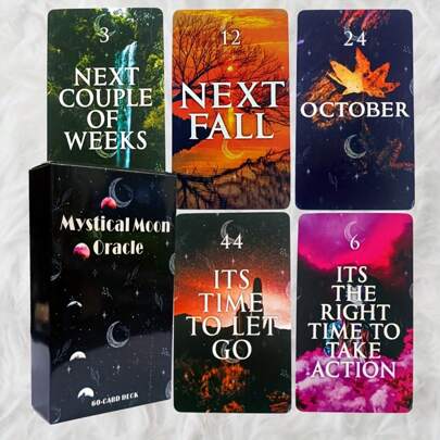 Mystical Moon Oracle 60-Card Deck-Insightful Fortune Telling Cards With Keywords For Guidance On Timing,Life Choices & Relationships,Tarot Cards For Beginners,Funny Party Board Game,Paper Material,Suitable For Teens & Adults 14+