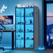 HNEBC Tall Storage Cabinet Up To 70", LED Kitchen Pantry Cabinet With Human Body Induction, 5 Tier Bookcase Display Cabinet With Adjustable Shelves For Living Room Office - 灰色 - 查看 1