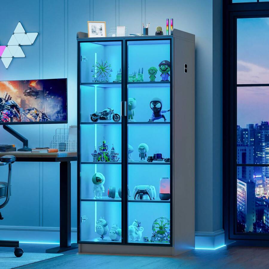 HNEBC Tall Storage Cabinet Up To 70", LED Kitchen Pantry Cabinet With Human Body Induction, 5 Tier Bookcase Display Cabinet With Adjustable Shelves For Living Room Office - 灰色 - 查看 1