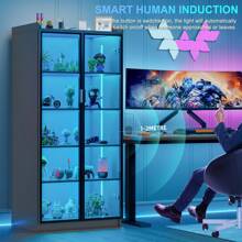 HNEBC Tall Storage Cabinet Up To 70", LED Kitchen Pantry Cabinet With Human Body Induction, 5 Tier Bookcase Display Cabinet With Adjustable Shelves For Living Room Office - 灰色 - 查看 10