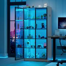 HNEBC Tall Storage Cabinet Up To 70", LED Kitchen Pantry Cabinet With Human Body Induction, 5 Tier Bookcase Display Cabinet With Adjustable Shelves For Living Room Office - 灰色 - 查看 7