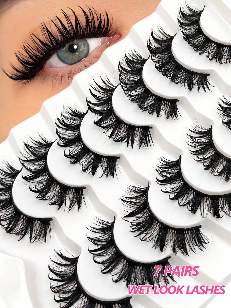 Asiteo 7 Pairs Moisturizing False Eyelashes, Fluffy Faux Mink Lashes, Natural Curly, Suitable For Daily Wear And Party Makeup - 尖尾漫畫款 - 查看 1