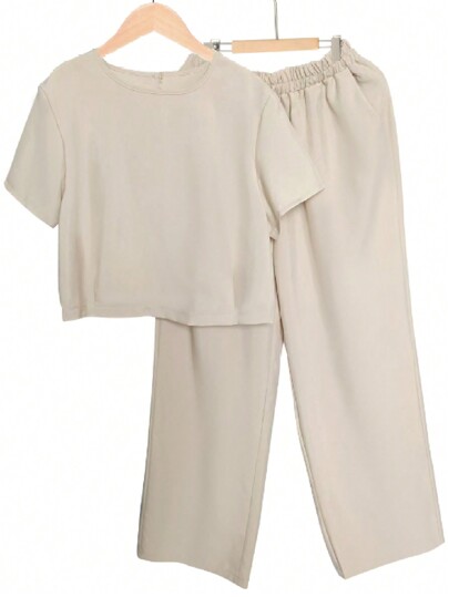 Ensemble ample femme d'été, Top décontracté à col rond et manches courtes, et pantalon à jambes larges