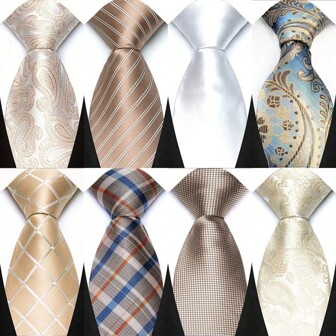 GOADAFOO Corbata de lujo de 8 cm para hombre, color blanco/beige, con diseño sólido de puntos y rayas, corbata de jacquard tejido para hombre, novio, negocios, boda y fiesta