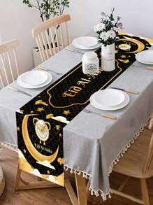 1pc Eid Al-Adha Table Runner, Black & Gold Star & Crescent Moon Design Polyester Table Runner, Suitable For Eid Al-Adha Table Decor, Living Room Decor, Eid Al-Adha Party Decoration