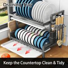 1 Piece Black Dish Drainer, Stainless Steel Dish Drainer For Kitchen Countertop, 2 Tier Kitchen Organizer, Storage Rack, Multifunctional Kitchen Dish Drainer With Four Hooks, Dish Drainer And Cutlery Rack, Water, Rust And Stain Resistant, Keep Kitchen Cutlery Tidy - 黑色 - 查看 6