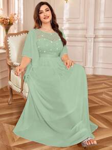 加大优雅蝴蝶袖雪纺亮片蕾丝紧身晚会长裙 - 薄荷綠 - 查看 5