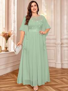 加大优雅蝴蝶袖雪纺亮片蕾丝紧身晚会长裙 - 薄荷綠 - 查看 3