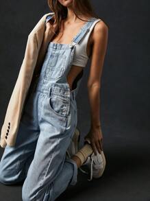 Women Denim Long Jumpsuit Casual Spaghetti Strap Wide Leg Romper Pants Summer Baggy Bib Overalls - 淺藍色 - 查看 5