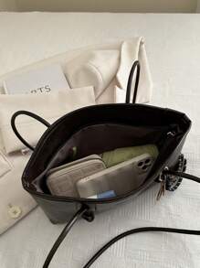 1pc Brown Quilted Zipper Closure Solid Color PU Bowling Bag, Large Capacity Tote Bag, Fashionable New Design, Shoulder Bag With Vintage Style, Suitable For Ladies Everyday Use, Autumn/Winter - Coffee Brown - View 11