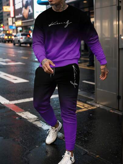 3D Digital Print Crew Neck Sweatshirt And Pants Set, Men Fall Clothes, Cozy Outfits