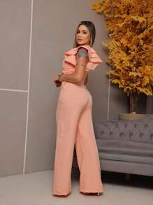 Mule Jumpsuit With Limp Pants, Details On The Sleeve - Coral Orange - View 1