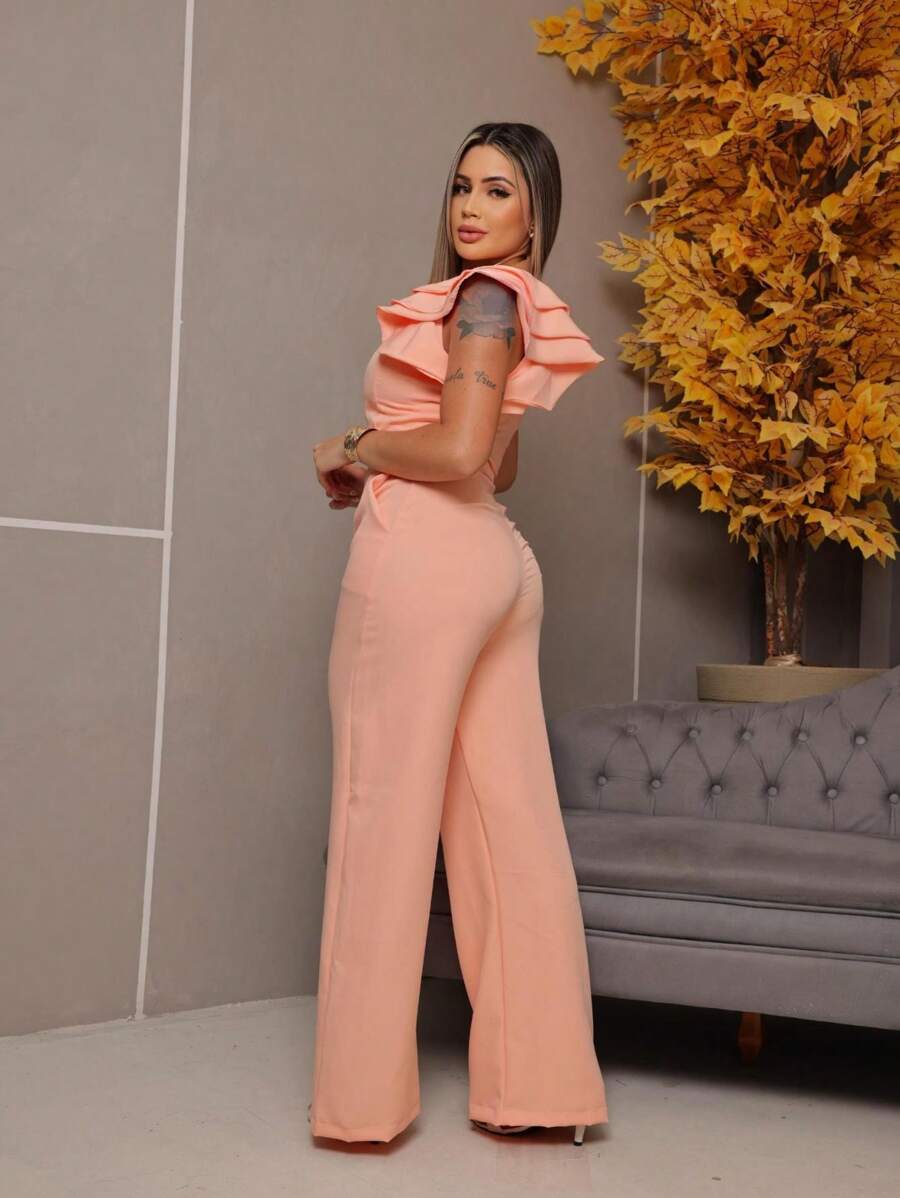 Mule Jumpsuit With Limp Pants, Details On The Sleeve - Coral Orange - View 1