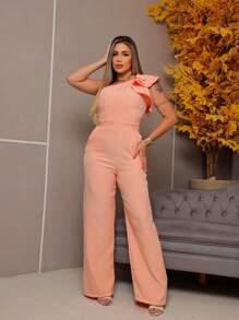 Mule Jumpsuit With Limp Pants, Details On The Sleeve - Coral Orange - View 3